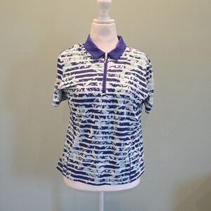 Coral Bay Golf Blue And White Floral Striped Polo Top Size PL
